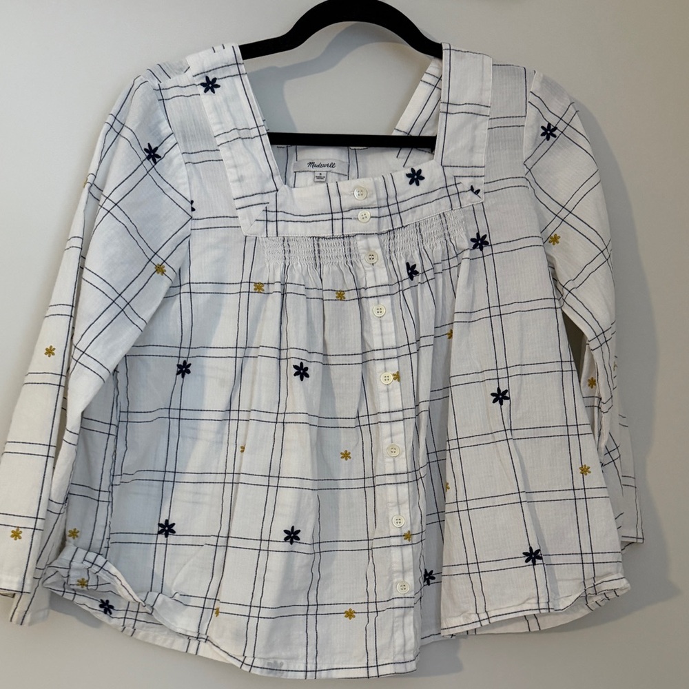 Madewell White Plaid Button-Front Top with Navy & Gold Stars